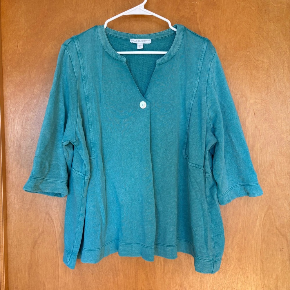 Pure Jill Teal‎ Textured Knit V-Neck Button Front 3/4 Sleeve Top Plus Size XLP